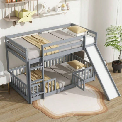 Twin Over Twin Floor Bunk Bed with Slide, Ladder, Door, Safety Guardrails, Solid Pine Wood Bunk Bed,