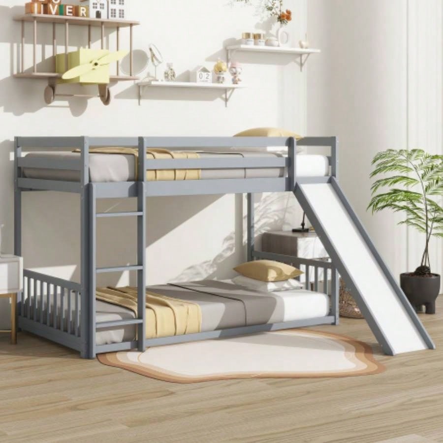 Twin Over Twin Floor Bunk Bed with Slide, Ladder, Door, Safety Guardrails, Solid Pine Wood Bunk Bed,