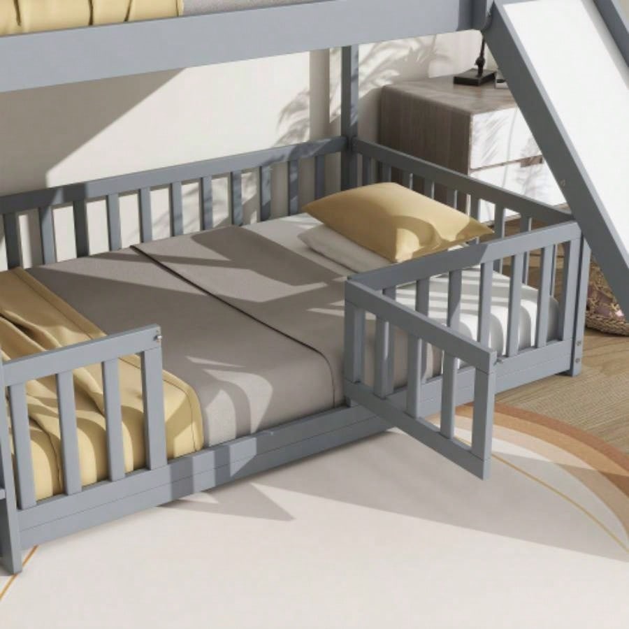 Twin Over Twin Floor Bunk Bed with Slide, Ladder, Door, Safety Guardrails, Solid Pine Wood Bunk Bed,