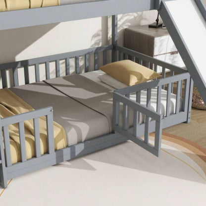 Twin Over Twin Floor Bunk Bed with Slide, Ladder, Door, Safety Guardrails, Solid Pine Wood Bunk Bed,