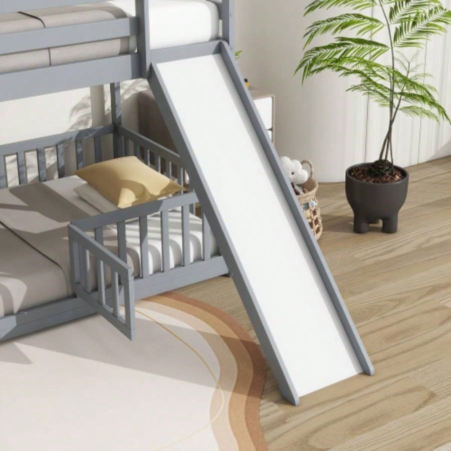 Twin Over Twin Floor Bunk Bed with Slide, Ladder, Door, Safety Guardrails, Solid Pine Wood Bunk Bed,
