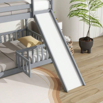 Twin Over Twin Floor Bunk Bed with Slide, Ladder, Door, Safety Guardrails, Solid Pine Wood Bunk Bed,