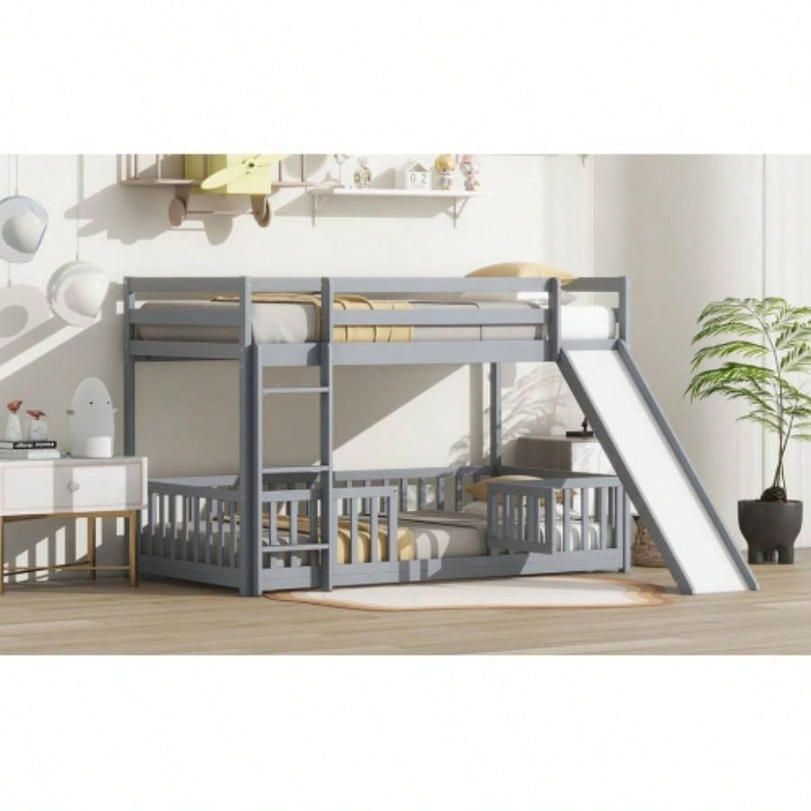 Twin Over Twin Floor Bunk Bed with Slide, Ladder, Door, Safety Guardrails, Solid Pine Wood Bunk Bed,