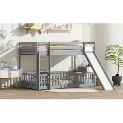 Twin Over Twin Floor Bunk Bed with Slide, Ladder, Door, Safety Guardrails, Solid Pine Wood Bunk Bed,