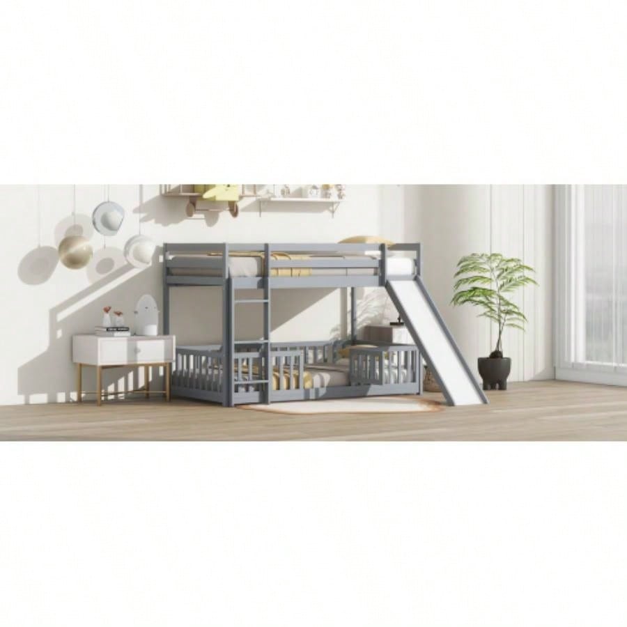 Twin Over Twin Floor Bunk Bed with Slide, Ladder, Door, Safety Guardrails, Solid Pine Wood Bunk Bed,