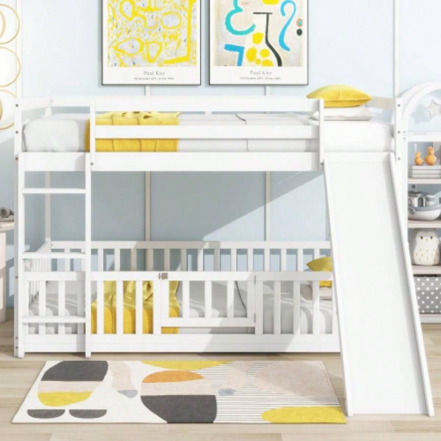 Twin Over Twin Floor Bunk Bed with Slide, Ladder, Door, Safety Guardrails, Solid Pine Wood Bunk Bed,