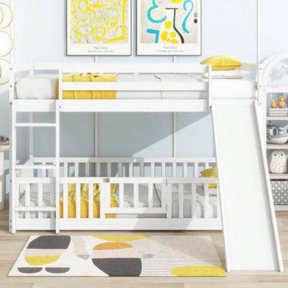 Twin Over Twin Floor Bunk Bed with Slide, Ladder, Door, Safety Guardrails, Solid Pine Wood Bunk Bed,