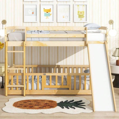 Twin Over Twin Floor Bunk Bed with Slide, Ladder, Door, Safety Guardrails, Solid Pine Wood Bunk Bed,