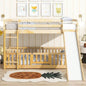 Twin Over Twin Floor Bunk Bed with Slide, Ladder, Door, Safety Guardrails, Solid Pine Wood Bunk Bed,