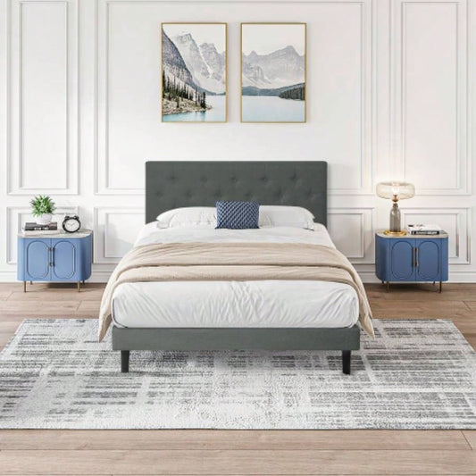 Twin Size Upholstered Platform Bed Frame with Modern Button Tufted Linen Fabric Headboard, No Box Spring Needed, Wood Slat Support, Easy Assembly, Drak