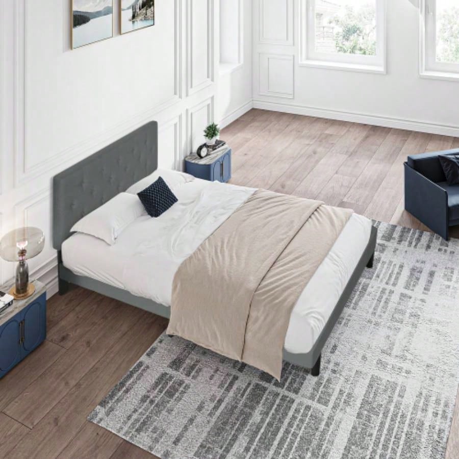 Twin Size Upholstered Platform Bed Frame with Modern Button Tufted Linen Fabric Headboard, No Box Spring Needed, Wood Slat Support, Easy Assembly, Drak