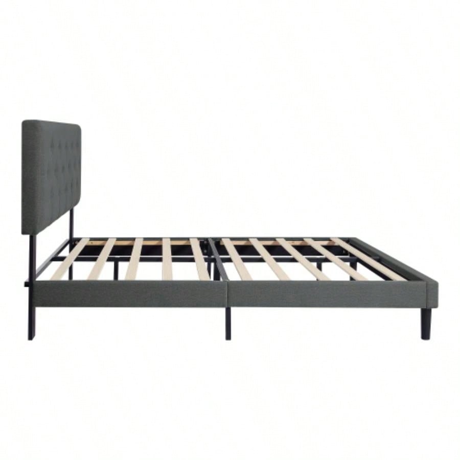 Twin Size Upholstered Platform Bed Frame with Modern Button Tufted Linen Fabric Headboard, No Box Spring Needed, Wood Slat Support, Easy Assembly, Drak
