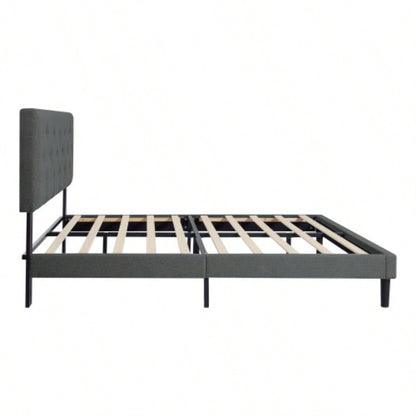 Twin Size Upholstered Platform Bed Frame with Modern Button Tufted Linen Fabric Headboard, No Box Spring Needed, Wood Slat Support, Easy Assembly, Drak