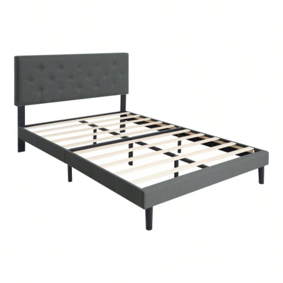 Twin Size Upholstered Platform Bed Frame with Modern Button Tufted Linen Fabric Headboard, No Box Spring Needed, Wood Slat Support, Easy Assembly, Drak