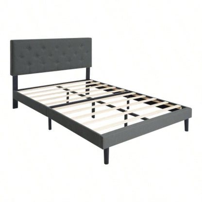 Twin Size Upholstered Platform Bed Frame with Modern Button Tufted Linen Fabric Headboard, No Box Spring Needed, Wood Slat Support, Easy Assembly, Drak