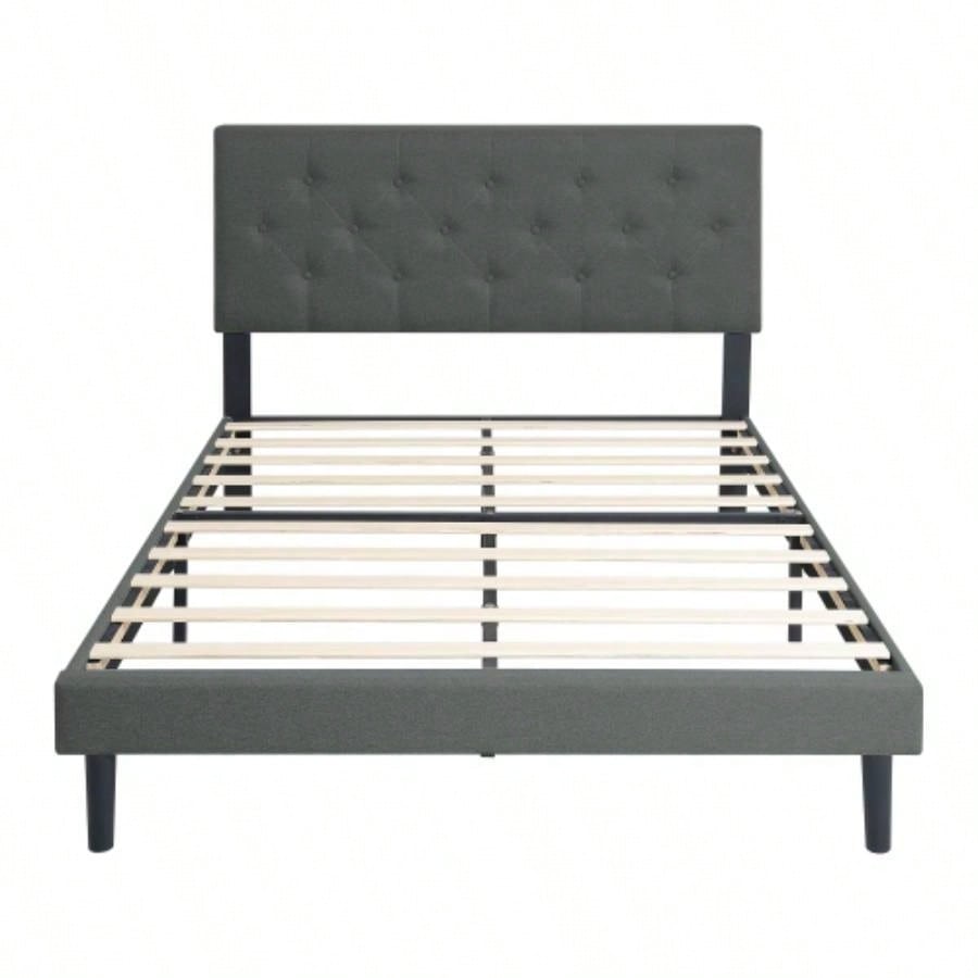 Twin Size Upholstered Platform Bed Frame with Modern Button Tufted Linen Fabric Headboard, No Box Spring Needed, Wood Slat Support, Easy Assembly, Drak