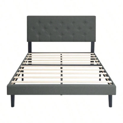 Twin Size Upholstered Platform Bed Frame with Modern Button Tufted Linen Fabric Headboard, No Box Spring Needed, Wood Slat Support, Easy Assembly, Drak