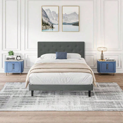 Twin Size Upholstered Platform Bed Frame with Modern Button Tufted Linen Fabric Headboard, No Box Spring Needed, Wood Slat Support, Easy Assembly, Drak