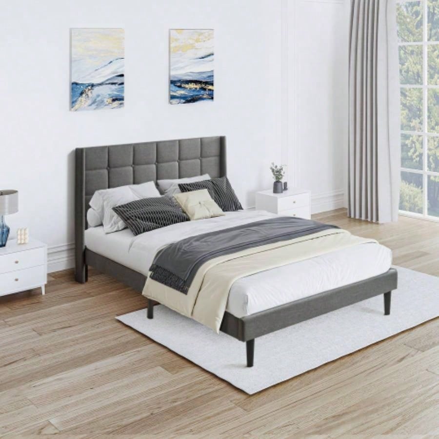 Twin Size Upholstered Platform Bed Frame with Modern Button Tufted Linen Fabric Headboard, No Box Spring Needed, Wood Slat Support, Easy Assembly, Drak
