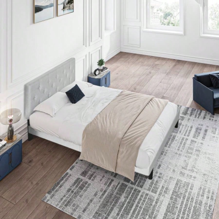 Twin Size Upholstered Platform Bed Frame with Modern Button Tufted Linen Fabric Headboard, No Box Spring Needed, Wood Slat Support, Easy Assembly, Drak