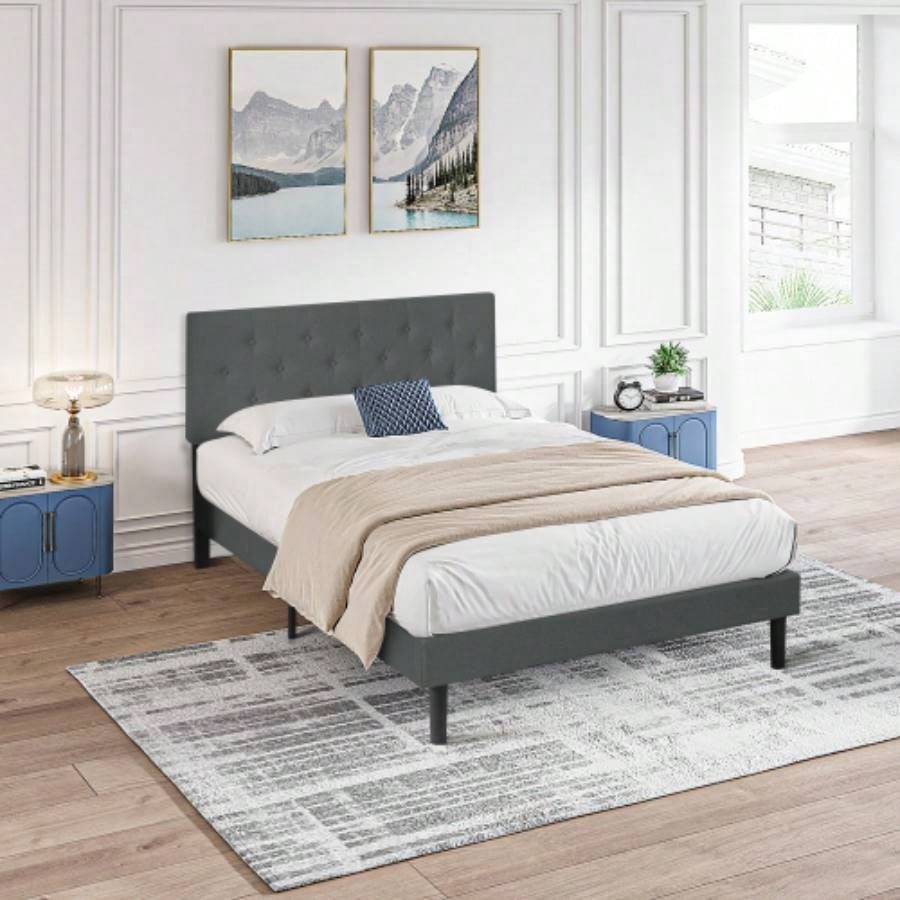 Twin Size Upholstered Platform Bed Frame with Modern Button Tufted Linen Fabric Headboard, No Box Spring Needed, Wood Slat Support, Easy Assembly, Drak