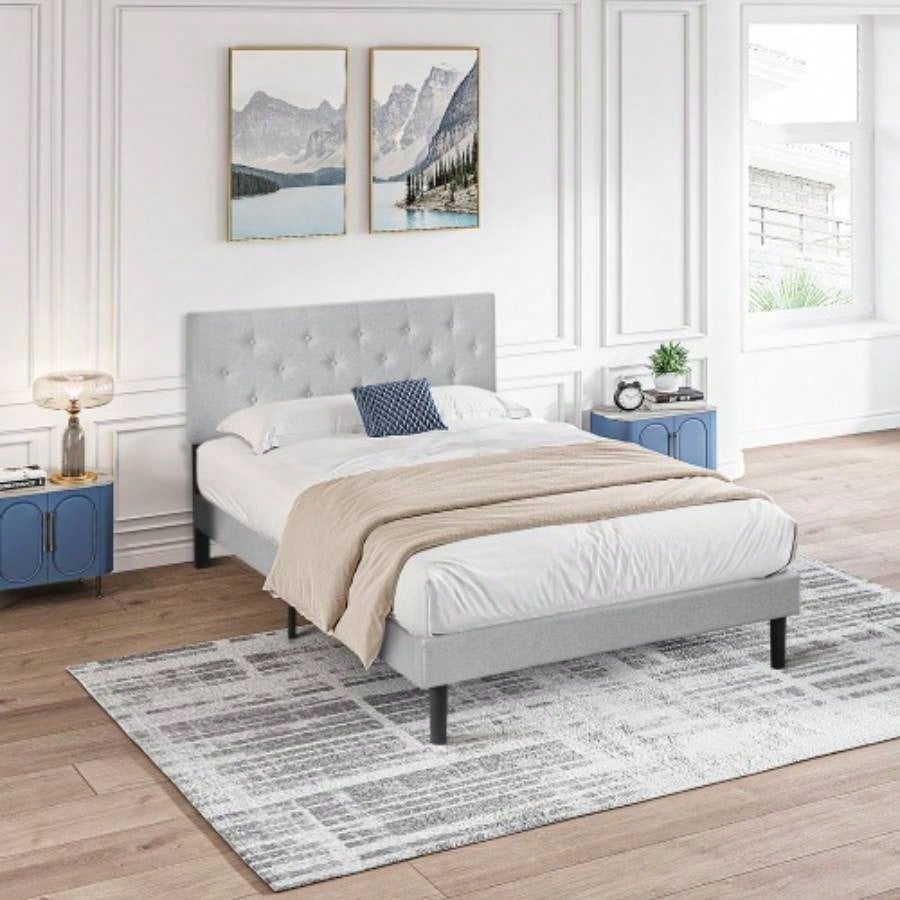 Twin Size Upholstered Platform Bed Frame with Modern Button Tufted Linen Fabric Headboard, No Box Spring Needed, Wood Slat Support, Easy Assembly, Drak