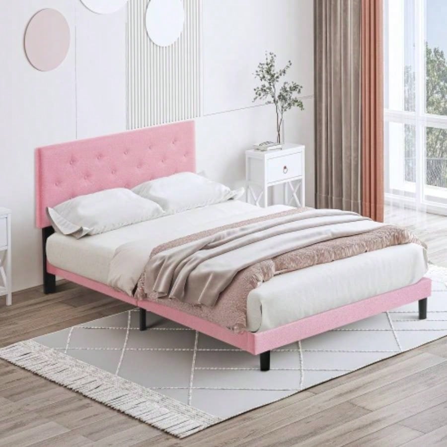 Twin Size Upholstered Platform Bed Frame with Modern Button Tufted Linen Fabric Headboard, No Box Spring Needed, Wood Slat Support, Easy Assembly, Drak
