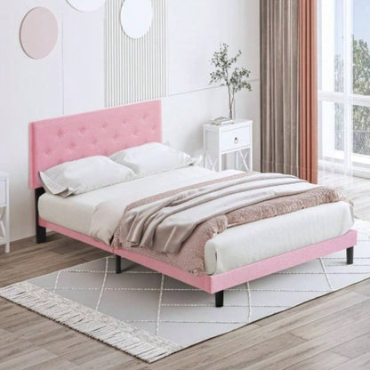 Twin Size Upholstered Platform Bed Frame with Modern Button Tufted Linen Fabric Headboard, No Box Spring Needed, Wood Slat Support, Easy Assembly, Drak