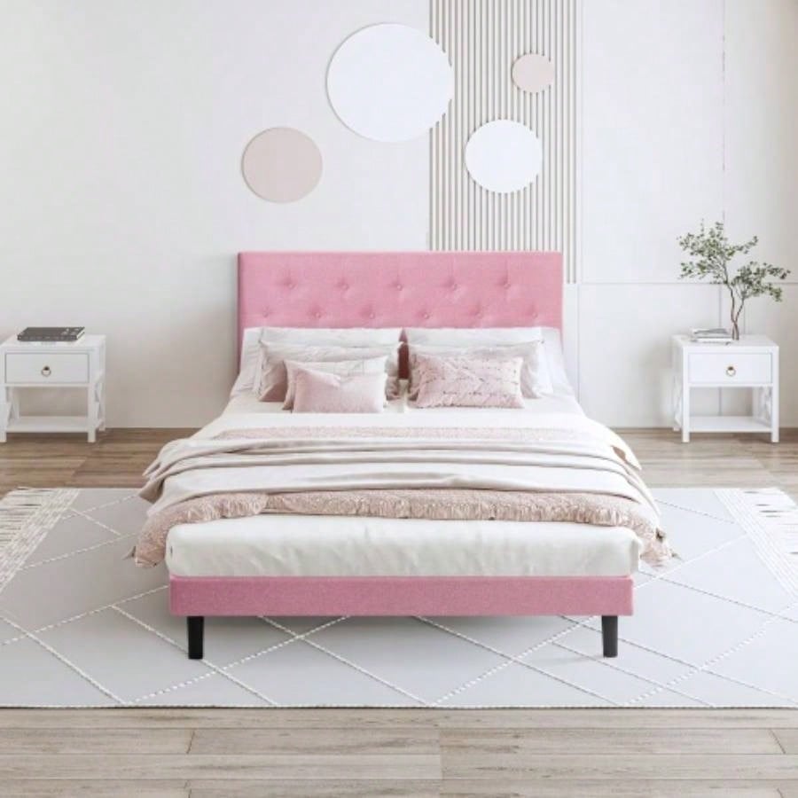 Twin Size Upholstered Platform Bed Frame with Modern Button Tufted Linen Fabric Headboard, No Box Spring Needed, Wood Slat Support, Easy Assembly, Drak