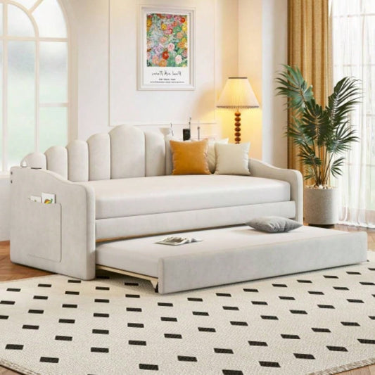 Twin size Upholstered Daybed with Trundle, Velvet Sofabed with USB Charging Ports, No Box - spring Needed, Beige