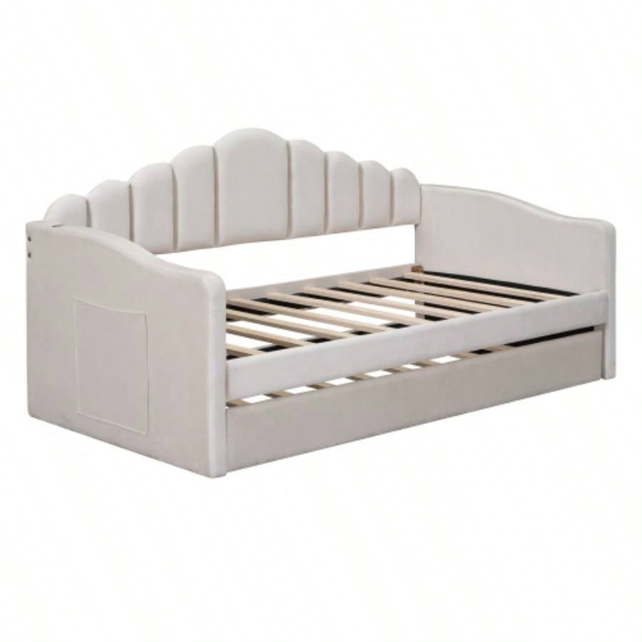 Twin size Upholstered Daybed with Trundle, Velvet Sofabed with USB Charging Ports, No Box - spring Needed, Beige
