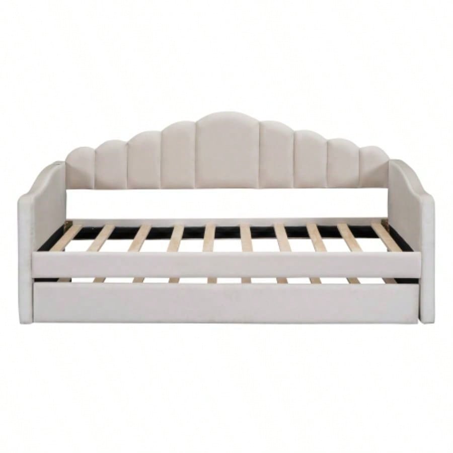 Twin size Upholstered Daybed with Trundle, Velvet Sofabed with USB Charging Ports, No Box - spring Needed, Beige