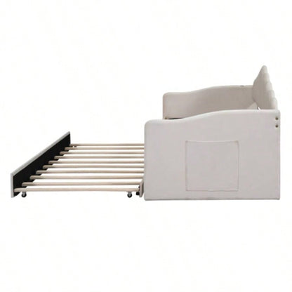 Twin size Upholstered Daybed with Trundle, Velvet Sofabed with USB Charging Ports, No Box - spring Needed, Beige