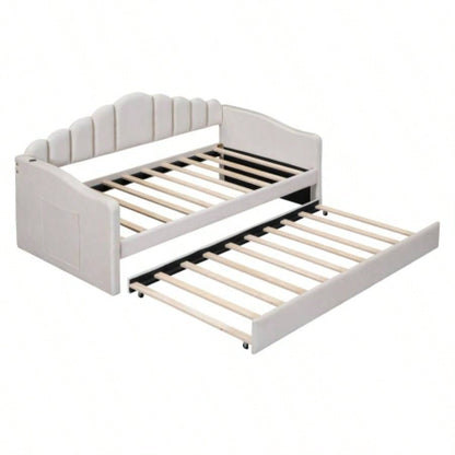 Twin size Upholstered Daybed with Trundle, Velvet Sofabed with USB Charging Ports, No Box - spring Needed, Beige