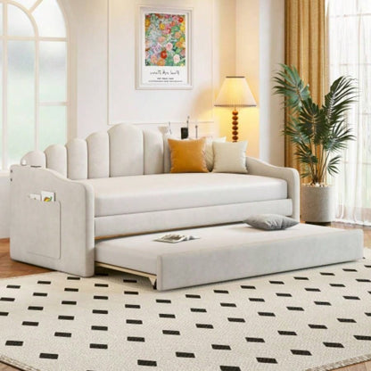 Twin size Upholstered Daybed with Trundle, Velvet Sofabed with USB Charging Ports, No Box - spring Needed, Beige