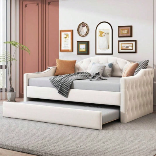Twin Size Tufted Upholstered Daybed with Trundle, Velvet Sofabed with USBType - C Charging Ports, No Box - spring Needed, Beige
