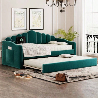 Twin size Upholstered Daybed with Trundle, Velvet Sofabed with USB Charging Ports, No Box - spring Needed, Beige