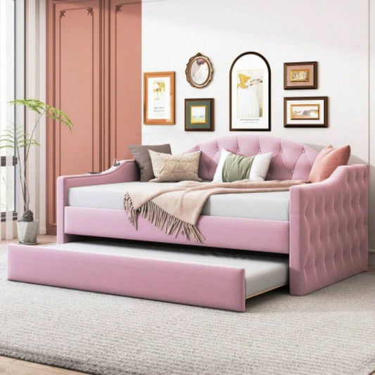 Twin Size Tufted Upholstered Daybed with Trundle, Velvet Sofabed with USBType - C Charging Ports, No Box - spring Needed, Pink