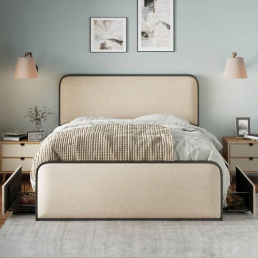 Modern Metal Bed Frame with Curved Upholstered Headboard and Footboard Bed with 4 Storage Drawers, Heavy Duty Metal Slats, Size, Beige