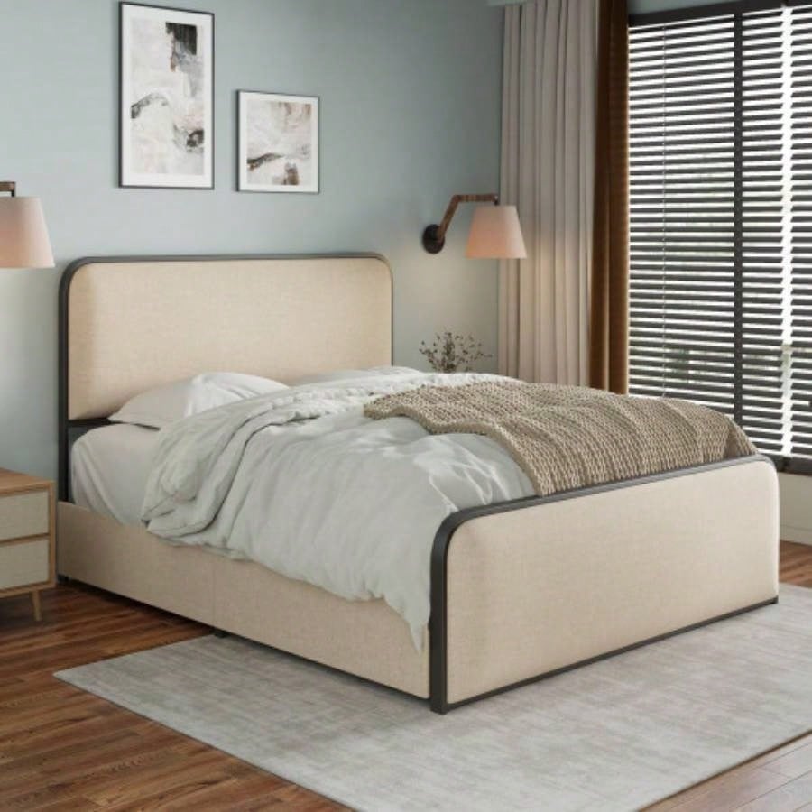 Modern Metal Bed Frame with Curved Upholstered Headboard and Footboard Bed with 4 Storage Drawers, Heavy Duty Metal Slats, Size, Beige