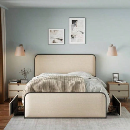 Modern Metal Bed Frame with Curved Upholstered Headboard and Footboard Bed with 4 Storage Drawers, Heavy Duty Metal Slats, Size, Beige