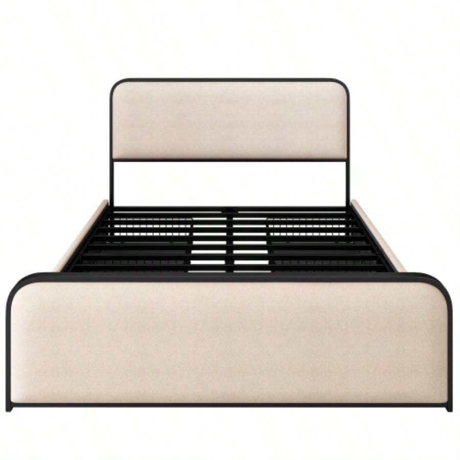 Modern Metal Bed Frame with Curved Upholstered Headboard and Footboard Bed with 4 Storage Drawers, Heavy Duty Metal Slats, Size, Beige