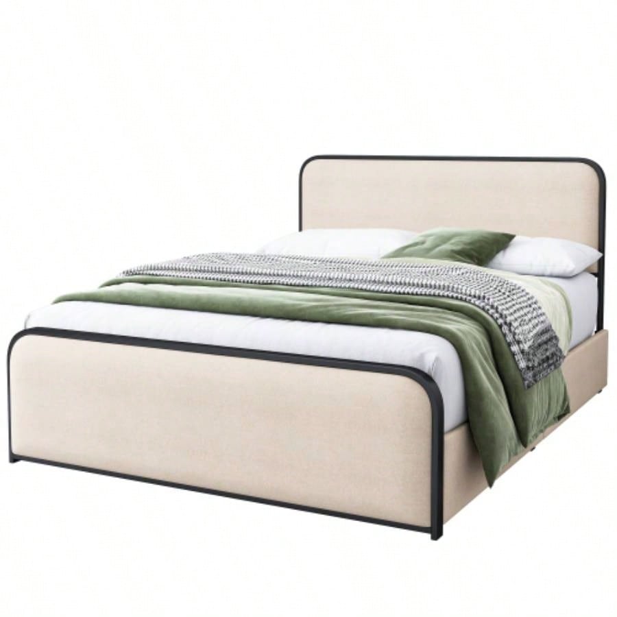 Modern Metal Bed Frame with Curved Upholstered Headboard and Footboard Bed with 4 Storage Drawers, Heavy Duty Metal Slats, Size, Beige