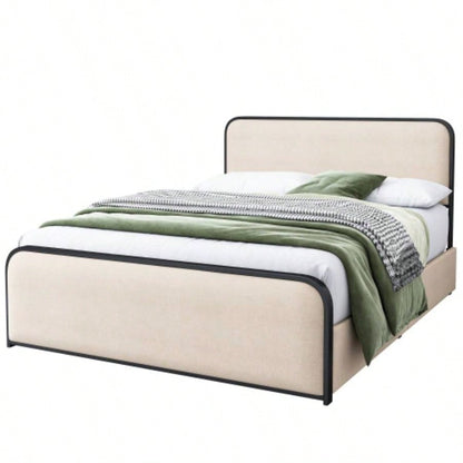Modern Metal Bed Frame with Curved Upholstered Headboard and Footboard Bed with 4 Storage Drawers, Heavy Duty Metal Slats, Size, Beige