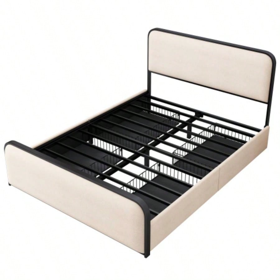 Modern Metal Bed Frame with Curved Upholstered Headboard and Footboard Bed with 4 Storage Drawers, Heavy Duty Metal Slats, Size, Beige