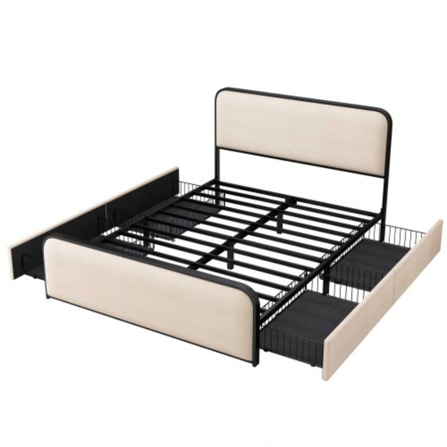 Modern Metal Bed Frame with Curved Upholstered Headboard and Footboard Bed with 4 Storage Drawers, Heavy Duty Metal Slats, Size, Beige
