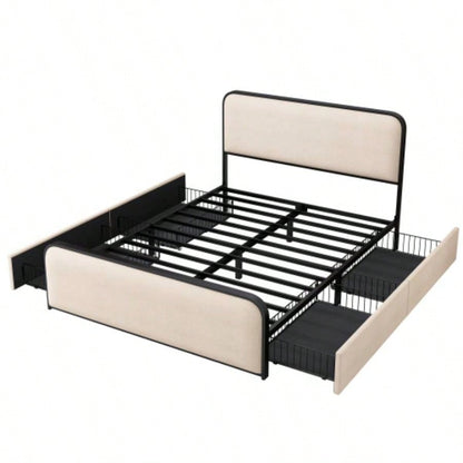 Modern Metal Bed Frame with Curved Upholstered Headboard and Footboard Bed with 4 Storage Drawers, Heavy Duty Metal Slats, Size, Beige