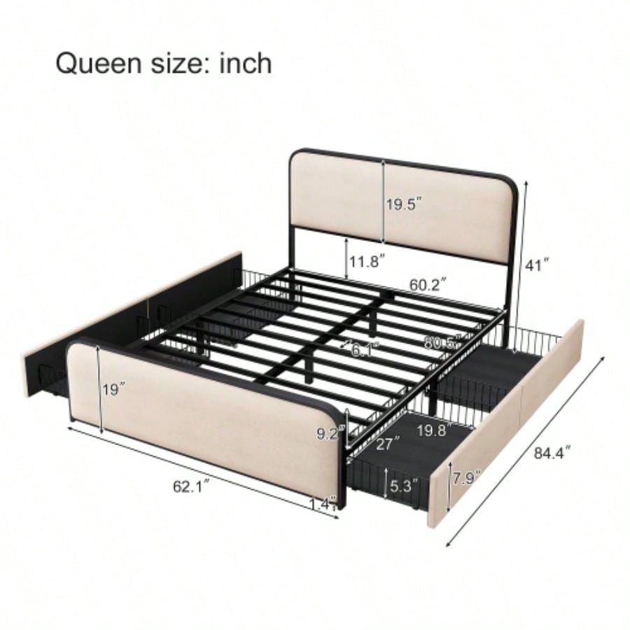 Modern Metal Bed Frame with Curved Upholstered Headboard and Footboard Bed with 4 Storage Drawers, Heavy Duty Metal Slats, Size, Beige