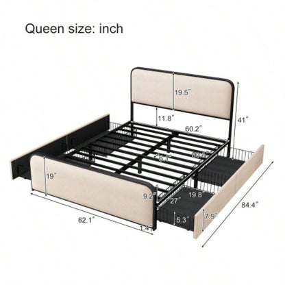 Modern Metal Bed Frame with Curved Upholstered Headboard and Footboard Bed with 4 Storage Drawers, Heavy Duty Metal Slats, Size, Beige