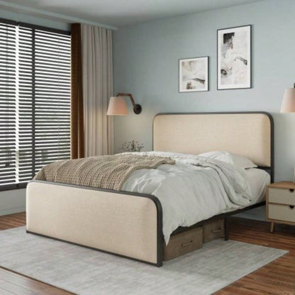 Modern Metal Bed Frame with Curved Upholstered Headboard and Footboard Bed with 4 Storage Drawers, Heavy Duty Metal Slats, Size, Beige